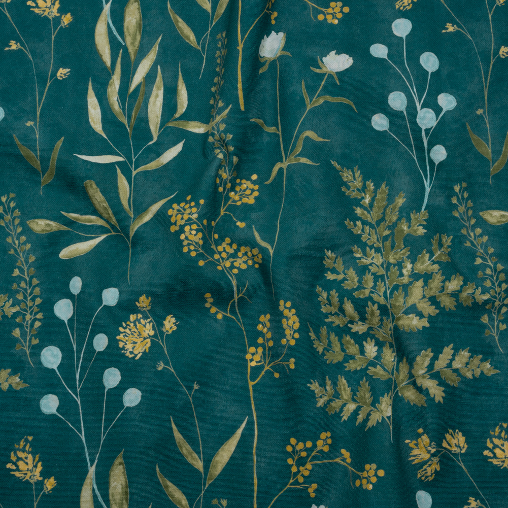 Printed Cotton Canvas – Kingfisher Painted Wildflowers and Leaves – British Imported Printed Cotton Canvas – Kingfisher Painted Wildflowers and Leaves – British Imported