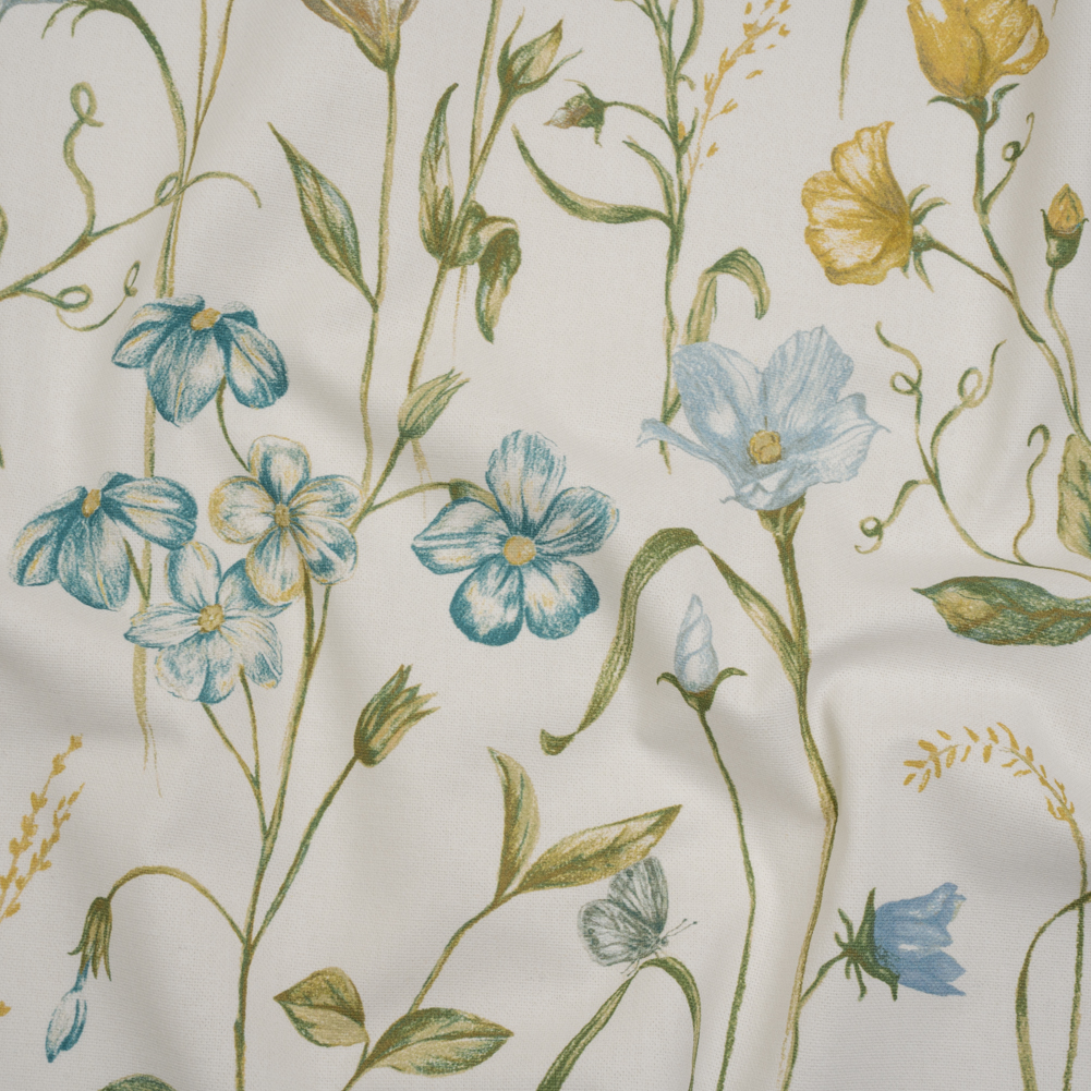 Printed Cotton Canvas – Duckegg Flowering Stems and Butterflies – British Imported Printed Cotton Canvas – Duckegg Flowering Stems and Butterflies – British Imported
