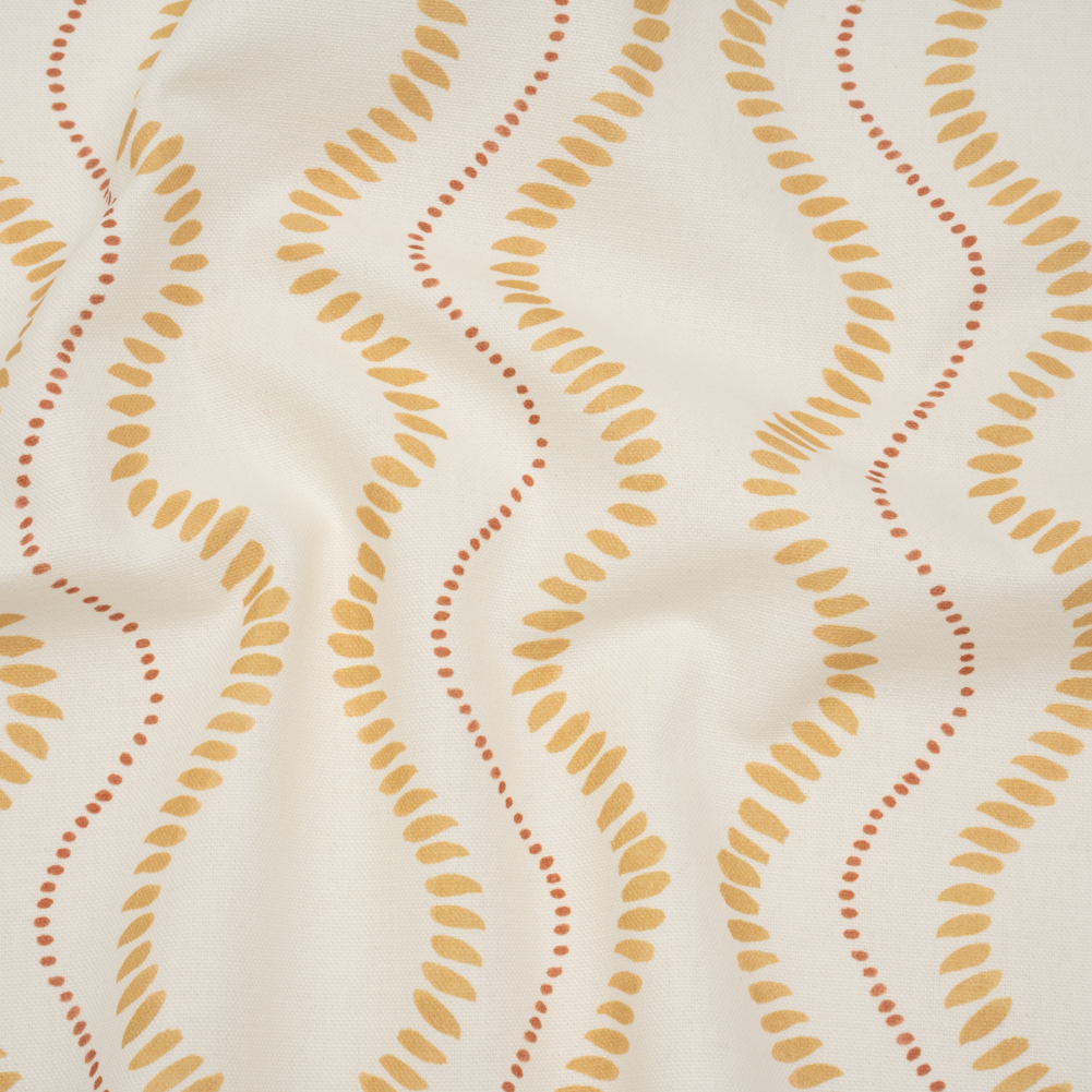 Cotton and Linen Canvas Print – Ochre Waves of Petal and Dots – British Imported Cotton and Linen Canvas Print – Ochre Waves of Petal and Dots – British Imported