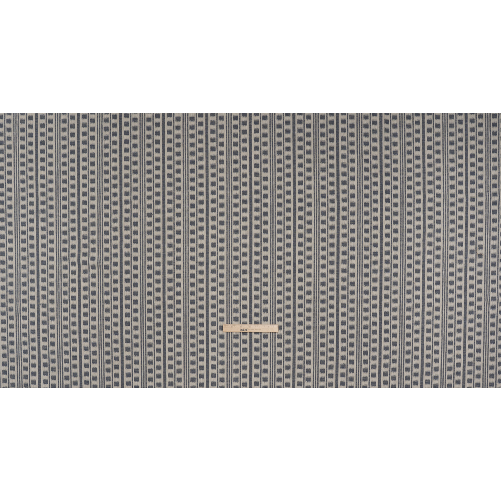Polyester and Cotton Home Decor Jacquard – Indigo Ikat Squares in Stripes – British Imported Polyester and Cotton Home Decor Jacquard – Indigo Ikat Squares in Stripes – British Imported
