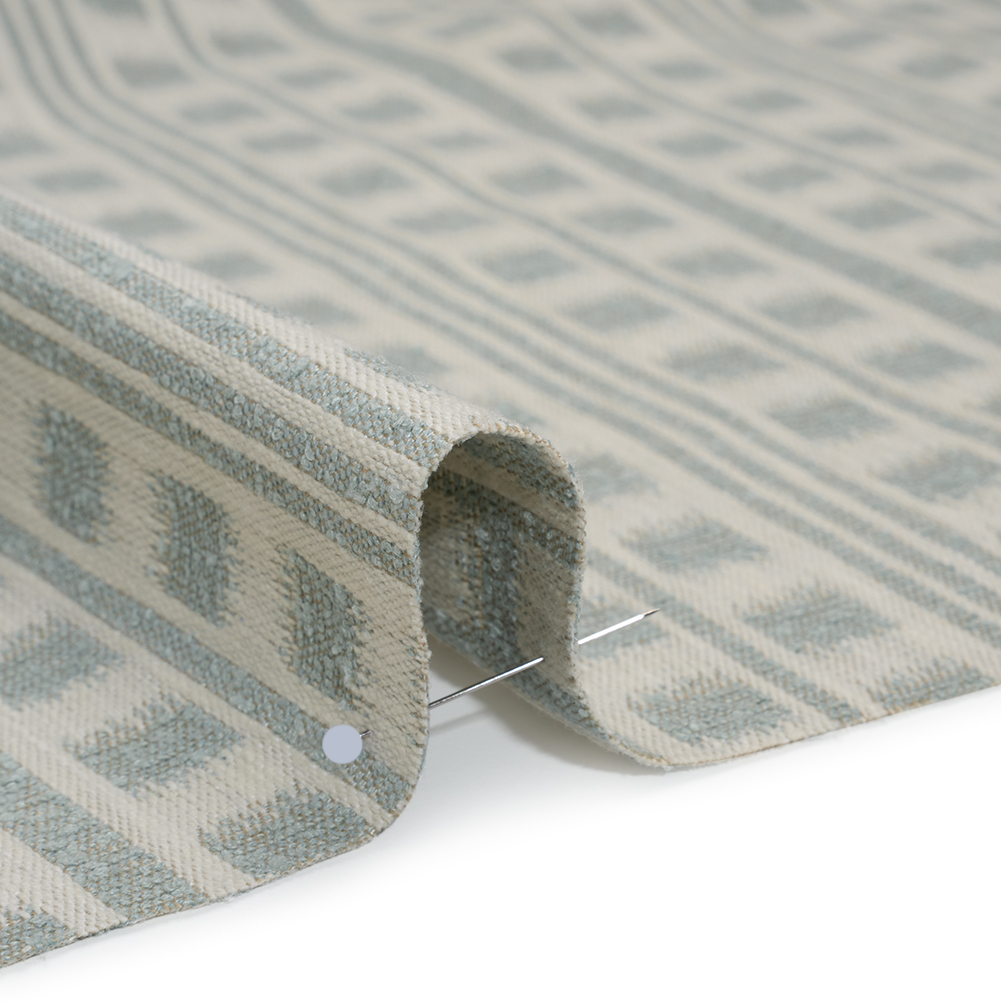 Polyester and Cotton Home Decor Jacquard – Seafoam Ikat Squares in Stripes – British Imported Polyester and Cotton Home Decor Jacquard – Seafoam Ikat Squares in Stripes – British Imported