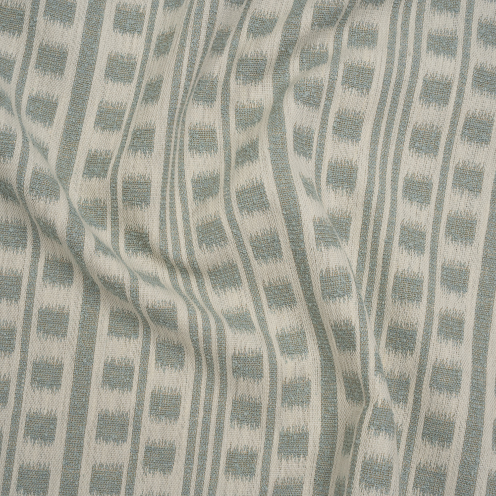 Polyester and Cotton Home Decor Jacquard – Seafoam Ikat Squares in Stripes – British Imported Polyester and Cotton Home Decor Jacquard – Seafoam Ikat Squares in Stripes – British Imported