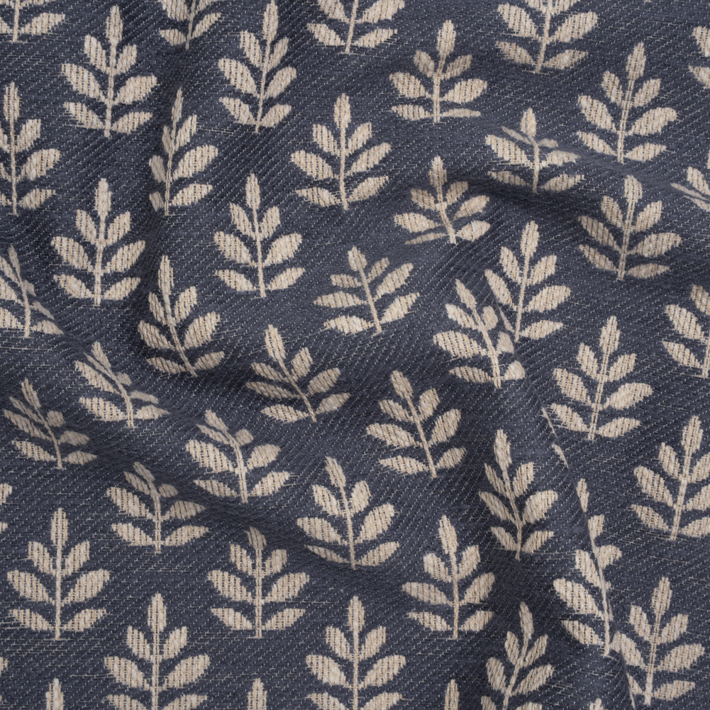 Polyester and Cotton Twill Jacquard – Indigo Lines of Leaves – British Imported Polyester and Cotton Twill Jacquard – Indigo Lines of Leaves – British Imported
