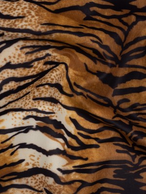 Upholstery Micro Velvet with Woven Backing – Black, Caramel and White Tiger Stripes Upholstery Micro Velvet with Woven Backing – Black, Caramel and White Tiger Stripes