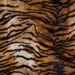 Upholstery Micro Velvet with Woven Backing – Black, Caramel and White Tiger Stripes Upholstery Micro Velvet with Woven Backing – Black, Caramel and White Tiger Stripes