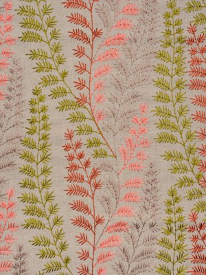 Embroidered Linen Blend Woven – Spring Time Green and Pink Leafy Plants – Attica Collection Embroidered Linen Blend Woven – Spring Time Green and Pink Leafy Plants – Attica Collection