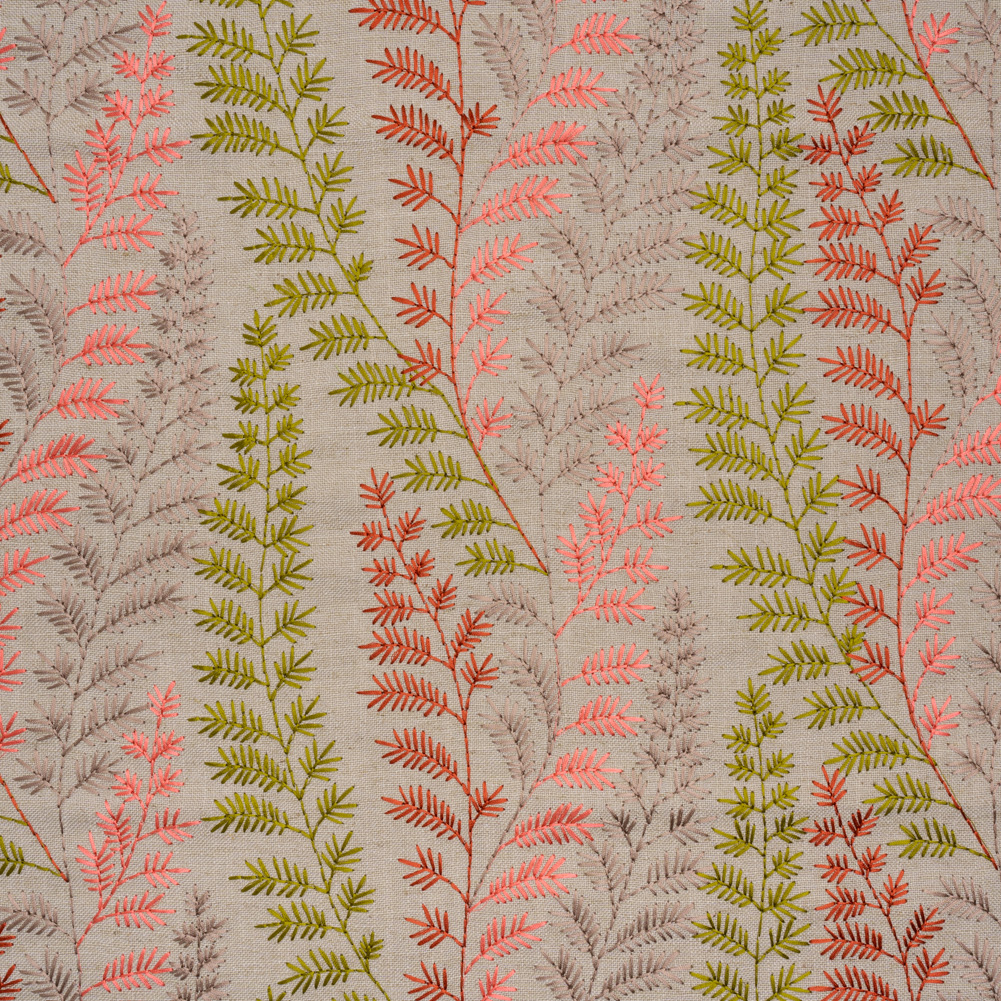 Embroidered Linen Blend Woven – Spring Time Green and Pink Leafy Plants – Attica Collection Embroidered Linen Blend Woven – Spring Time Green and Pink Leafy Plants – Attica Collection
