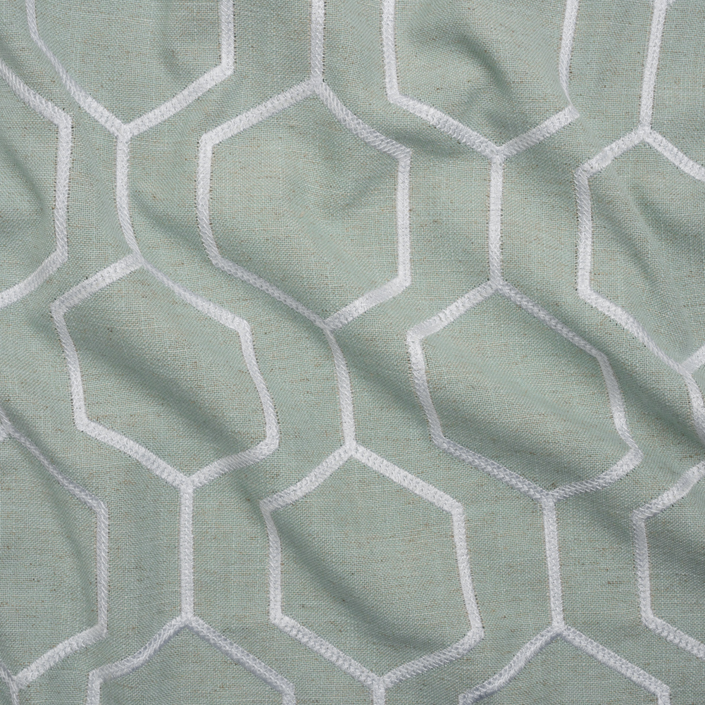 Embroidered Linen Blend Woven – Sea Pearl Hexagon Geometric – Highwood Collection Embroidered Linen Blend Woven – Sea Pearl Hexagon Geometric – Highwood Collection