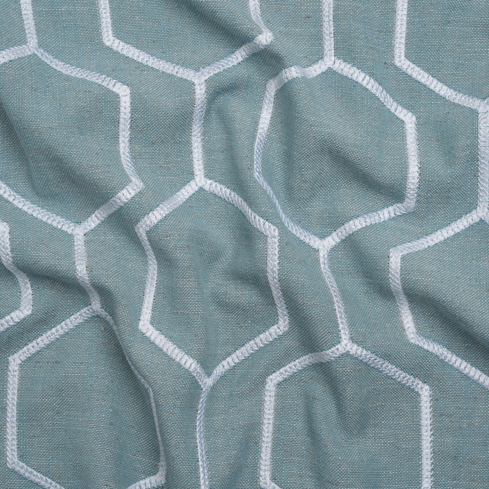 Embroidered Linen Blend Woven – Glacier Hexagon Geometric – Highwood Collection Embroidered Linen Blend Woven – Glacier Hexagon Geometric – Highwood Collection