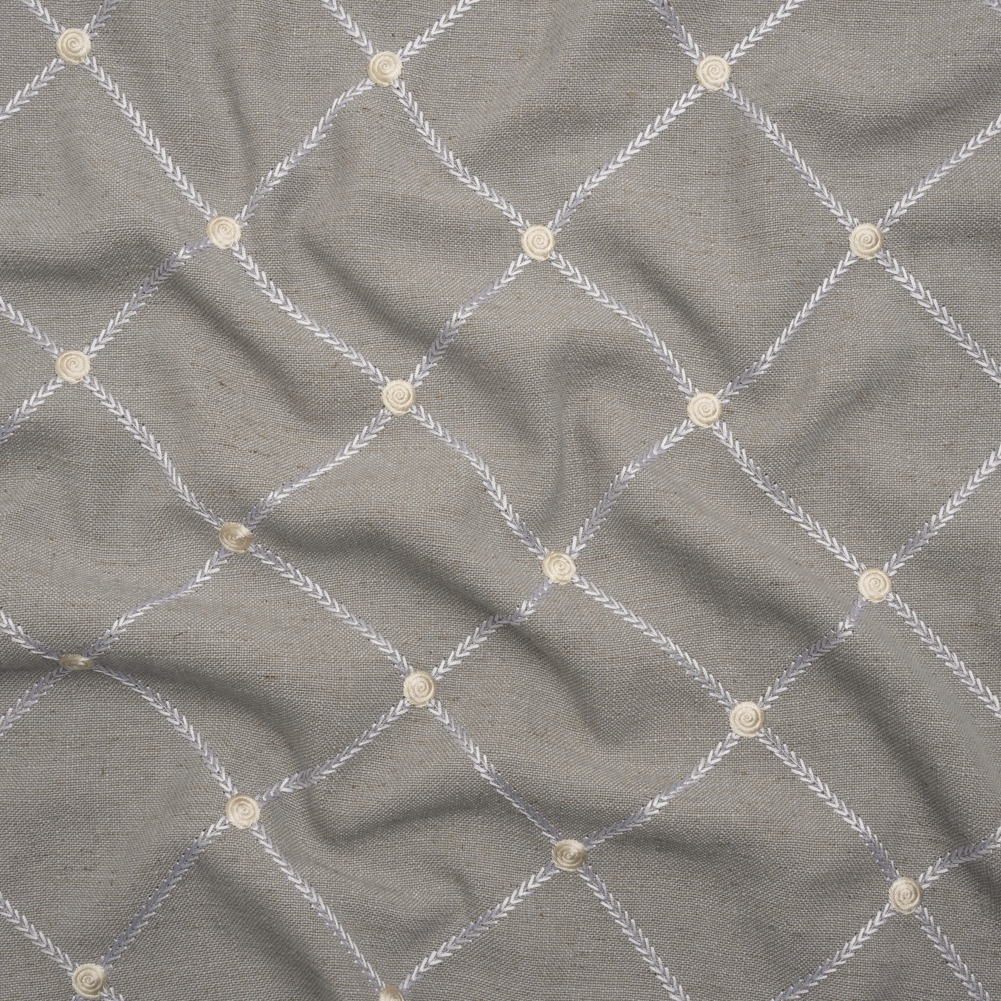 Embroidered Linen Blend Woven – Chinchilla Roses and Diamonds – Tioga Collection Embroidered Linen Blend Woven – Chinchilla Roses and Diamonds – Tioga Collection
