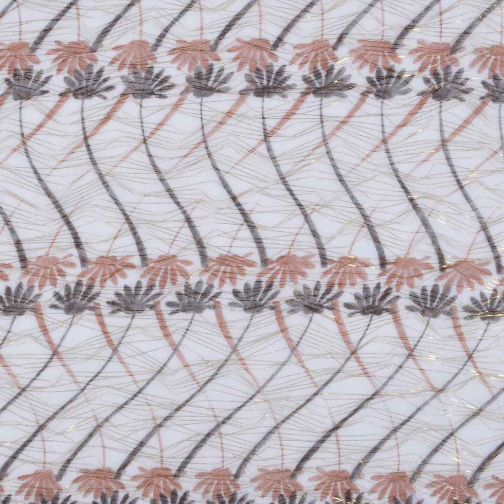 Oatmeal, Chestnut and Orange Floral Gauzy Silk Chiffon encasing Gold Metallic Yarns Oatmeal, Chestnut and Orange Floral Gauzy Silk Chiffon encasing Gold Metallic Yarns