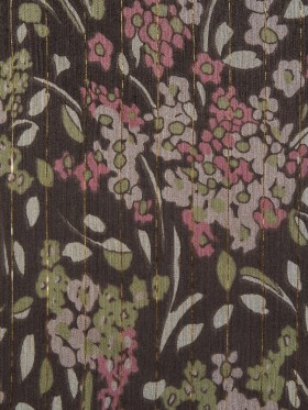 Pink/Green/Brown Floral Printed Crinkled Silk Chiffon w/ Metallic Gold Stripes Pink/Green/Brown Floral Printed Crinkled Silk Chiffon w/ Metallic Gold Stripes