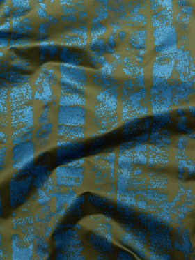 Avocado Green Duchesse Satin with Metallic Stellar Blue Striped Border Print Avocado Green Duchesse Satin with Metallic Stellar Blue Striped Border Print