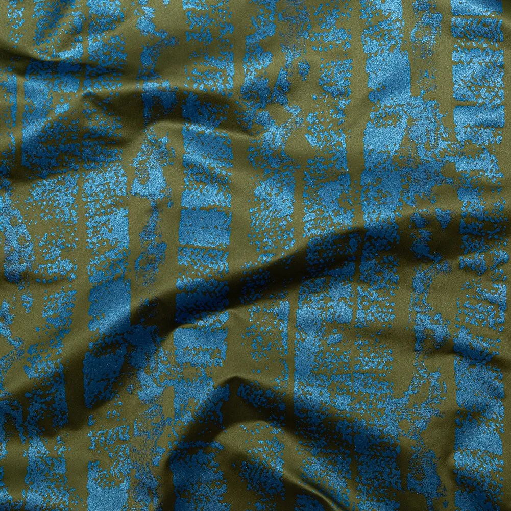 Avocado Green Duchesse Satin with Metallic Stellar Blue Striped Border Print Avocado Green Duchesse Satin with Metallic Stellar Blue Striped Border Print