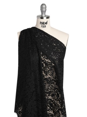 Cotton Blend Raschel Lace Panel with Finished Edges – Black Flowers and Leaves Cotton Blend Raschel Lace Panel with Finished Edges – Black Flowers and Leaves