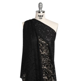 Cotton Blend Raschel Lace Panel with Finished Edges – Black Flowers and Leaves Cotton Blend Raschel Lace Panel with Finished Edges – Black Flowers and Leaves