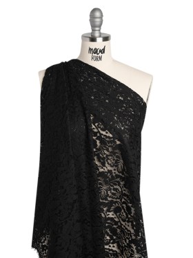 Cotton Blend Raschel Lace Panel with Finished Edges – Black Flowers and Leaves Cotton Blend Raschel Lace Panel with Finished Edges – Black Flowers and Leaves