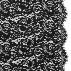 Cotton Blend Raschel Lace Panel with Finished Edges – Black Flowers and Leaves Cotton Blend Raschel Lace Panel with Finished Edges – Black Flowers and Leaves