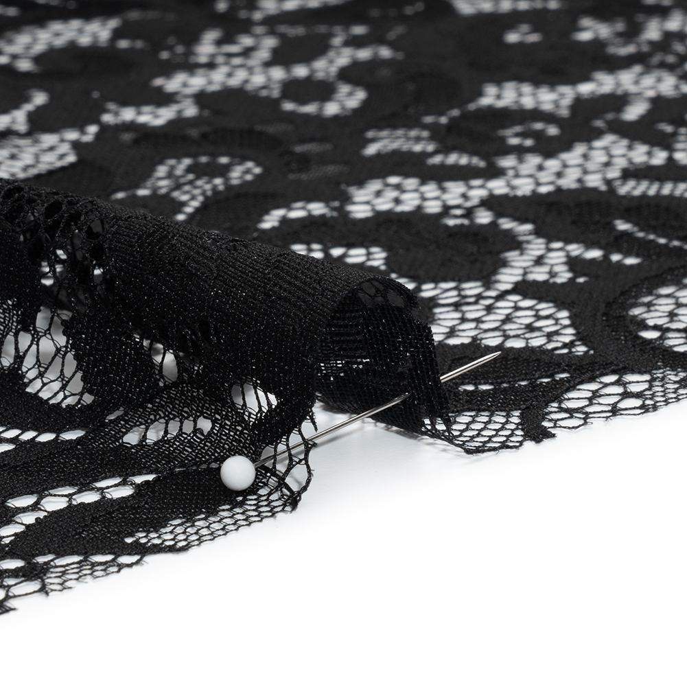 Nylon and Rayon Raschel Lace Panel with Finished Edges - Black Florals and Curls