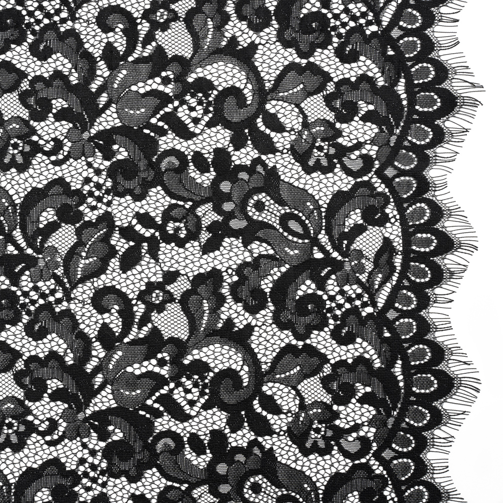 Nylon and Rayon Raschel Lace Panel with Finished Edges – Black Florals and Curls Nylon and Rayon Raschel Lace Panel with Finished Edges – Black Florals and Curls