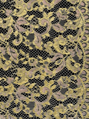 Metallic Viscose Blend Raschel Lace with Finished Edges – Ivory, Gold and Pink Florals and Curls Metallic Viscose Blend Raschel Lace with Finished Edges – Ivory, Gold and Pink Florals and Curls