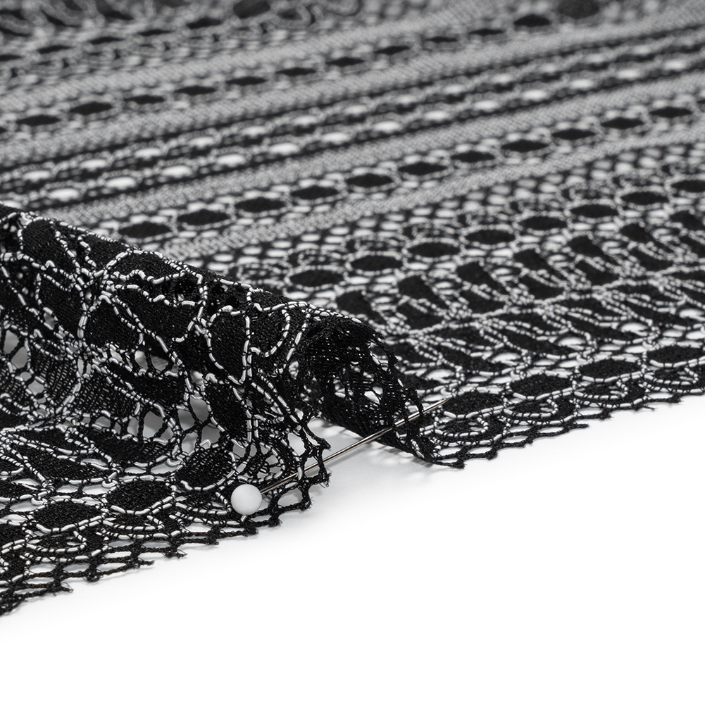 Luminous Corded Lace Panel with Finished Fringed Edges - Black and White Dot and Leaf Stripes