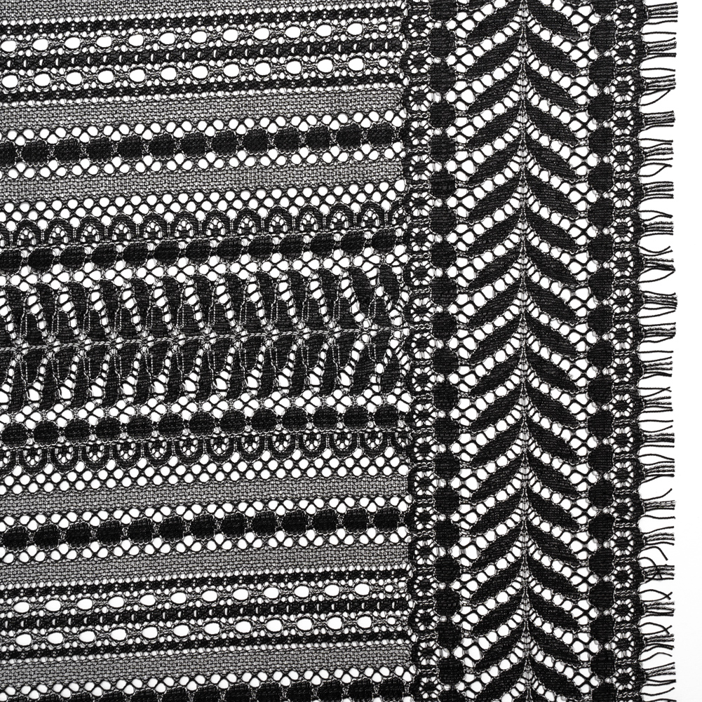 Luminous Corded Lace Panel with Finished Fringed Edges – Black and White Dot and Leaf Stripes Luminous Corded Lace Panel with Finished Fringed Edges – Black and White Dot and Leaf Stripes
