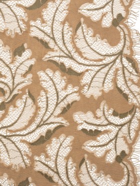Nylon and Rayon Raschel Lace Panel with Finished Edges – Stucco Beige and Olive Green Floating Leaves Nylon and Rayon Raschel Lace Panel with Finished Edges – Stucco Beige and Olive Green Floating Leaves