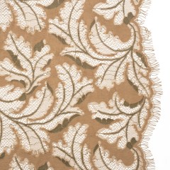 Nylon and Rayon Raschel Lace Panel with Finished Edges – Stucco Beige and Olive Green Floating Leaves Nylon and Rayon Raschel Lace Panel with Finished Edges – Stucco Beige and Olive Green Floating Leaves