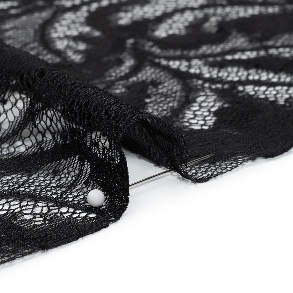 Nylon and Rayon Raschel Lace Panel with Finished Edges - Black Floating Leaves