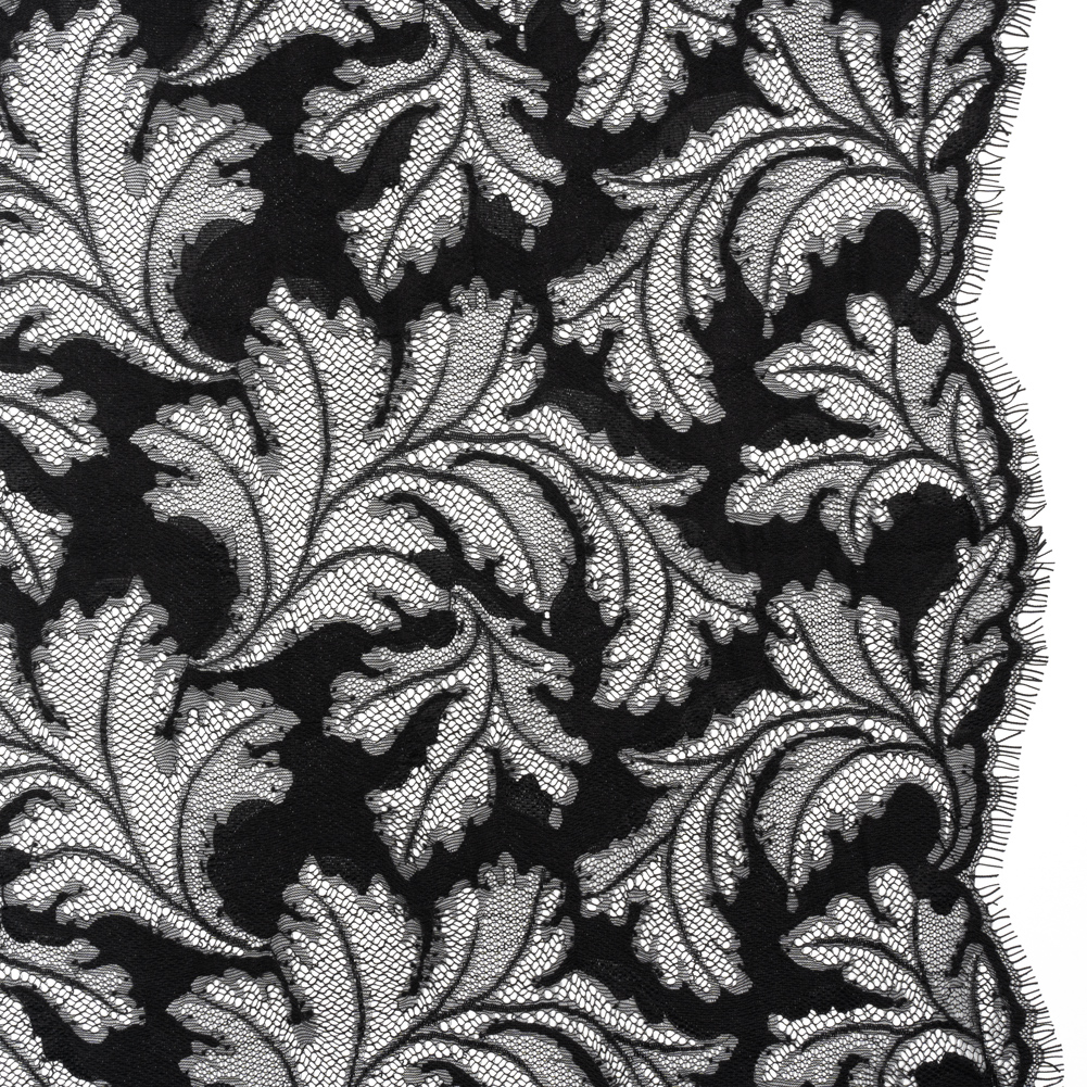Nylon and Rayon Raschel Lace Panel with Finished Edges – Black Floating Leaves Nylon and Rayon Raschel Lace Panel with Finished Edges – Black Floating Leaves