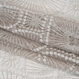 Metallic Raschel Lace Panel with Finished Edges – Sandstone Gray and Silver Sun Ray Ogees Metallic Raschel Lace Panel with Finished Edges – Sandstone Gray and Silver Sun Ray Ogees