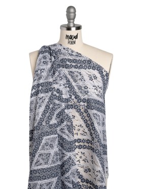 Re-Embroidered Raschel Lace Panel with Finished Edges – White and Navy Blue Flowers in Diamonds Re-Embroidered Raschel Lace Panel with Finished Edges – White and Navy Blue Flowers in Diamonds