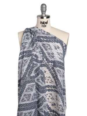 Re-Embroidered Raschel Lace Panel with Finished Edges – White and Navy Blue Flowers in Diamonds Re-Embroidered Raschel Lace Panel with Finished Edges – White and Navy Blue Flowers in Diamonds