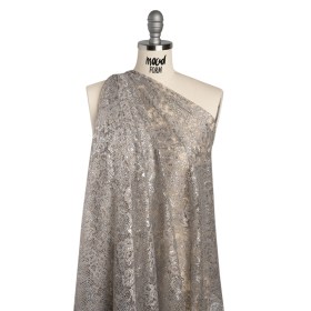 Metallic Raschel Lace with Finished Edges – Sandstone Gray and Silver Flowers and Leaves Metallic Raschel Lace with Finished Edges – Sandstone Gray and Silver Flowers and Leaves
