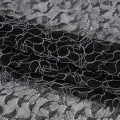 Corded Raschel Lace Panel with Finished Edges – Black and White Outlined Leaves Corded Raschel Lace Panel with Finished Edges – Black and White Outlined Leaves