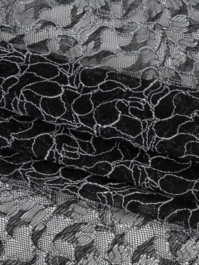Corded Raschel Lace Panel with Finished Edges – Black and White Outlined Leaves Corded Raschel Lace Panel with Finished Edges – Black and White Outlined Leaves