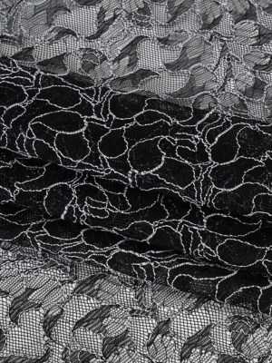 Corded Raschel Lace Panel with Finished Edges – Black and White Outlined Leaves Corded Raschel Lace Panel with Finished Edges – Black and White Outlined Leaves