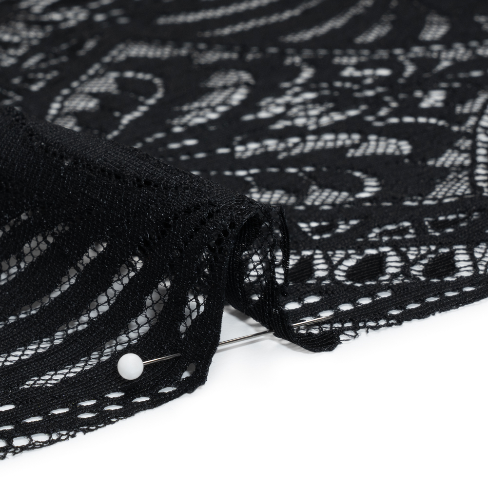 Luminous Raschel Lace Panel with Finished Edges - Black Fancy Floral Scallops