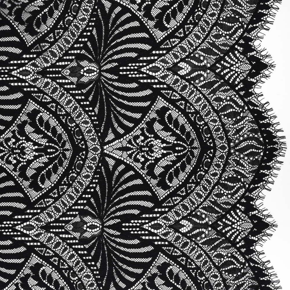 Luminous Raschel Lace Panel with Finished Edges – Black Fancy Floral Scallops Luminous Raschel Lace Panel with Finished Edges – Black Fancy Floral Scallops