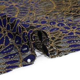 Corded Lace Panel with Finished Edges – Black, Blue and Gold Flowers and Leafy Vines Corded Lace Panel with Finished Edges – Black, Blue and Gold Flowers and Leafy Vines