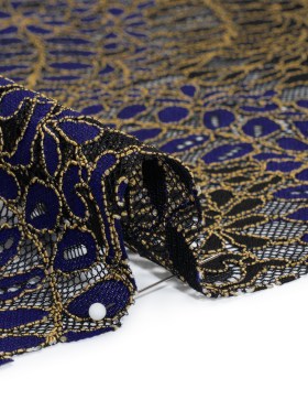 Corded Lace Panel with Finished Edges – Black, Blue and Gold Flowers and Leafy Vines Corded Lace Panel with Finished Edges – Black, Blue and Gold Flowers and Leafy Vines