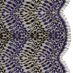 Corded Lace Panel with Finished Edges – Black, Blue and Gold Flowers and Leafy Vines Corded Lace Panel with Finished Edges – Black, Blue and Gold Flowers and Leafy Vines