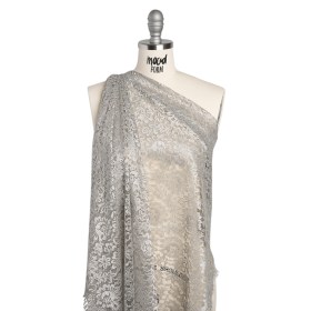 Luminous Delicate Raschel Lace Panel with Finished Edges – Sandstone Gray and Silver Blooming Flowers and Leaves Luminous Delicate Raschel Lace Panel with Finished Edges – Sandstone Gray and Silver Blooming Flowers and Leaves