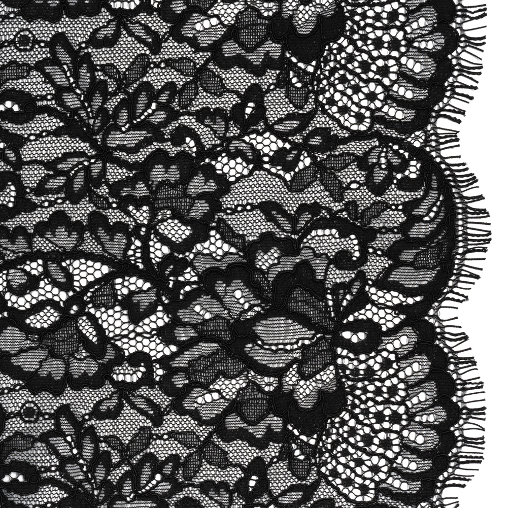 Corded Raschel Lace Panel with Finished Edges – Black Classic Florals Corded Raschel Lace Panel with Finished Edges – Black Classic Florals