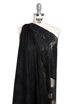 Raschel Lace Panel with Scalloped Finished Edges – Black Floral Medallion Stripes Raschel Lace Panel with Scalloped Finished Edges – Black Floral Medallion Stripes