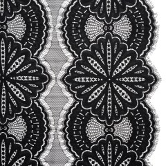 Raschel Lace Panel with Scalloped Finished Edges – Black Floral Medallion Stripes Raschel Lace Panel with Scalloped Finished Edges – Black Floral Medallion Stripes