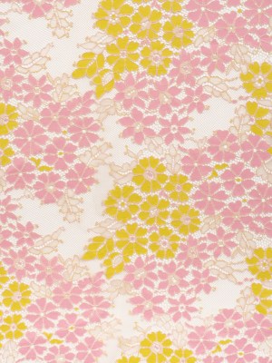 Raschel Lace Panel with Organic Finished Edges – Prism Pink, Safety Yellow and Soft Pink Daisy Bunches Raschel Lace Panel with Organic Finished Edges – Prism Pink, Safety Yellow and Soft Pink Daisy Bunches