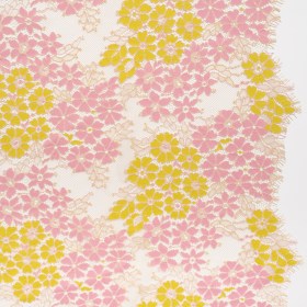 Raschel Lace Panel with Organic Finished Edges – Prism Pink, Safety Yellow and Soft Pink Daisy Bunches Raschel Lace Panel with Organic Finished Edges – Prism Pink, Safety Yellow and Soft Pink Daisy Bunches