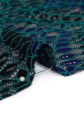 Corded Lace Panel with Finished Edges – Black, Blue and Teal Flowers and Leafy Vines Corded Lace Panel with Finished Edges – Black, Blue and Teal Flowers and Leafy Vines
